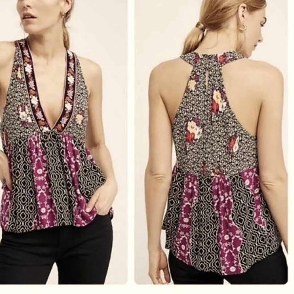 Free People Dream Darlin Floral Deep V-Neck Top